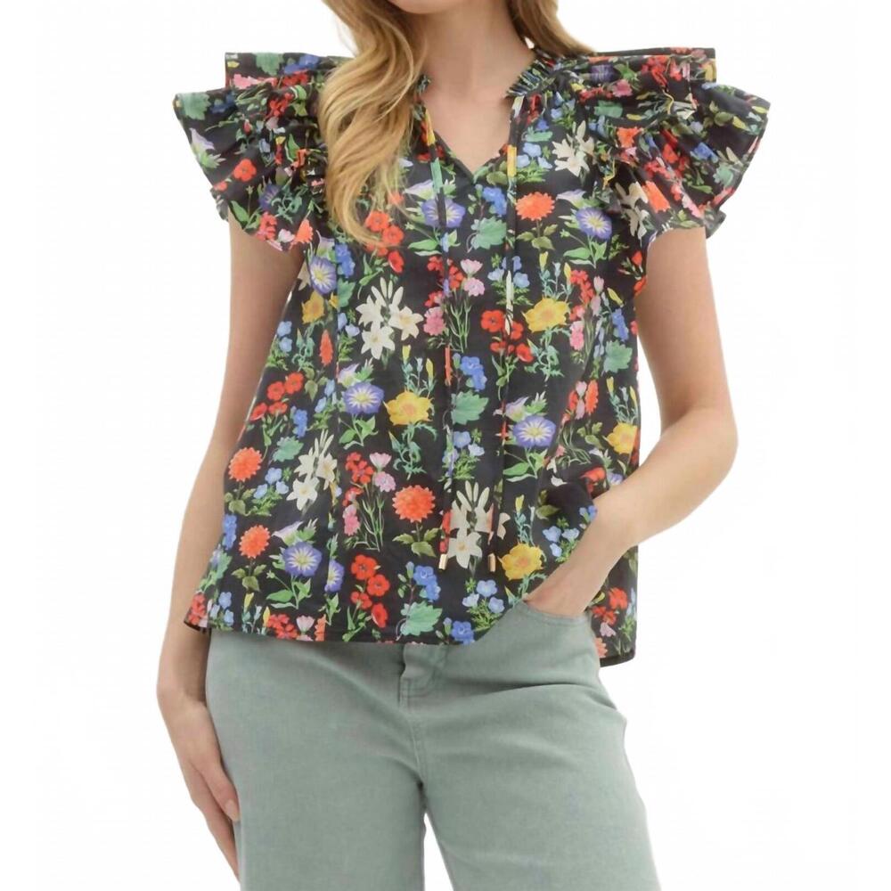 entro Black Floral Ruffle Sleeve Short-Sleeve Tee